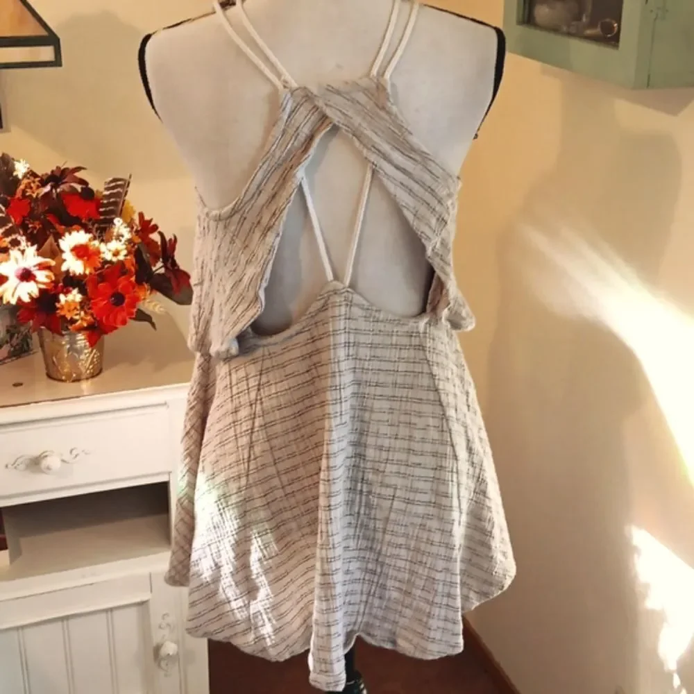 Free People Cream Linen/Cotton Mini Dress With Fun Back